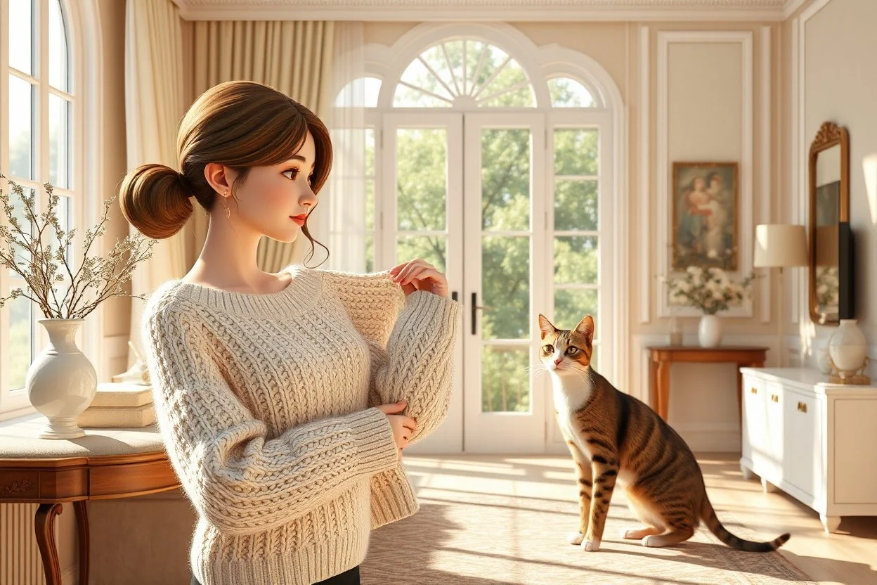 3D characters, an elegant pretty young woman shows off a knitted sweater in an elegant beige-white-brown room S<AI in sunshine, cute tabby cat