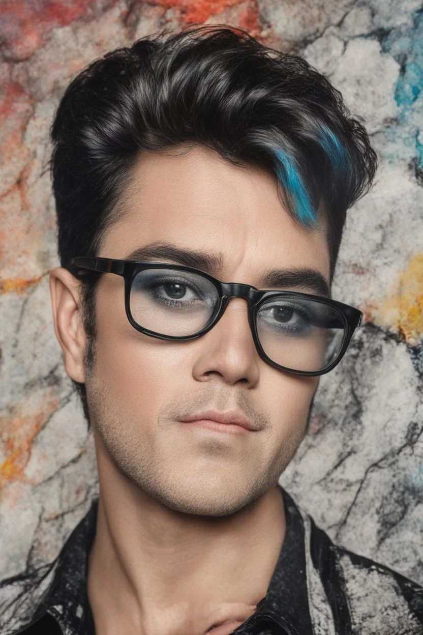 Elvis Presley, Lucy Hale Hybrid, thick, black framed, dark tinted, cat-eye eyeglasses, 4k UHD, photorealistic, bright, extremely colorful, multicolored, foggy, gradated marble wall background, extremely detailed skin texture,