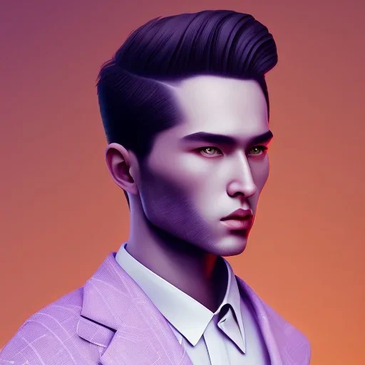 man, cute face, white highlight hair, brown eye, white, skin, purple suits, futuristic, science, purple, blue, dark pink background lighting, technology, profile, asian boy, square face, light orange