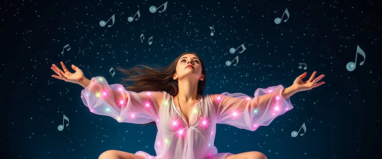 eskimo yoga mind bending bubble gum as a young woman floating transparent music notes in the weirder universe
