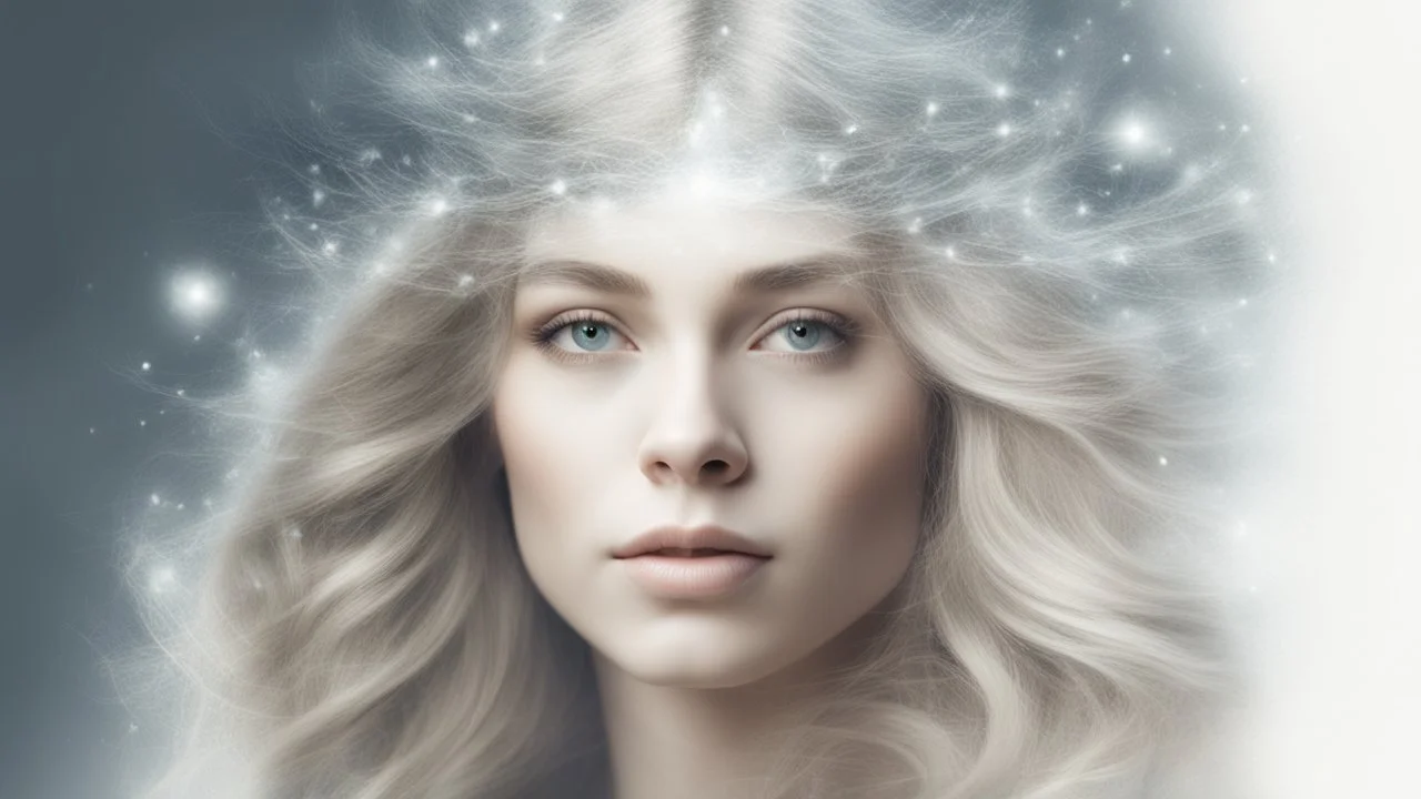 white background, Magical secret on the top of a woman's head, in her hair, double exposure, high resolution, fine rendering, high detail, 3D, on her head, fantasy,