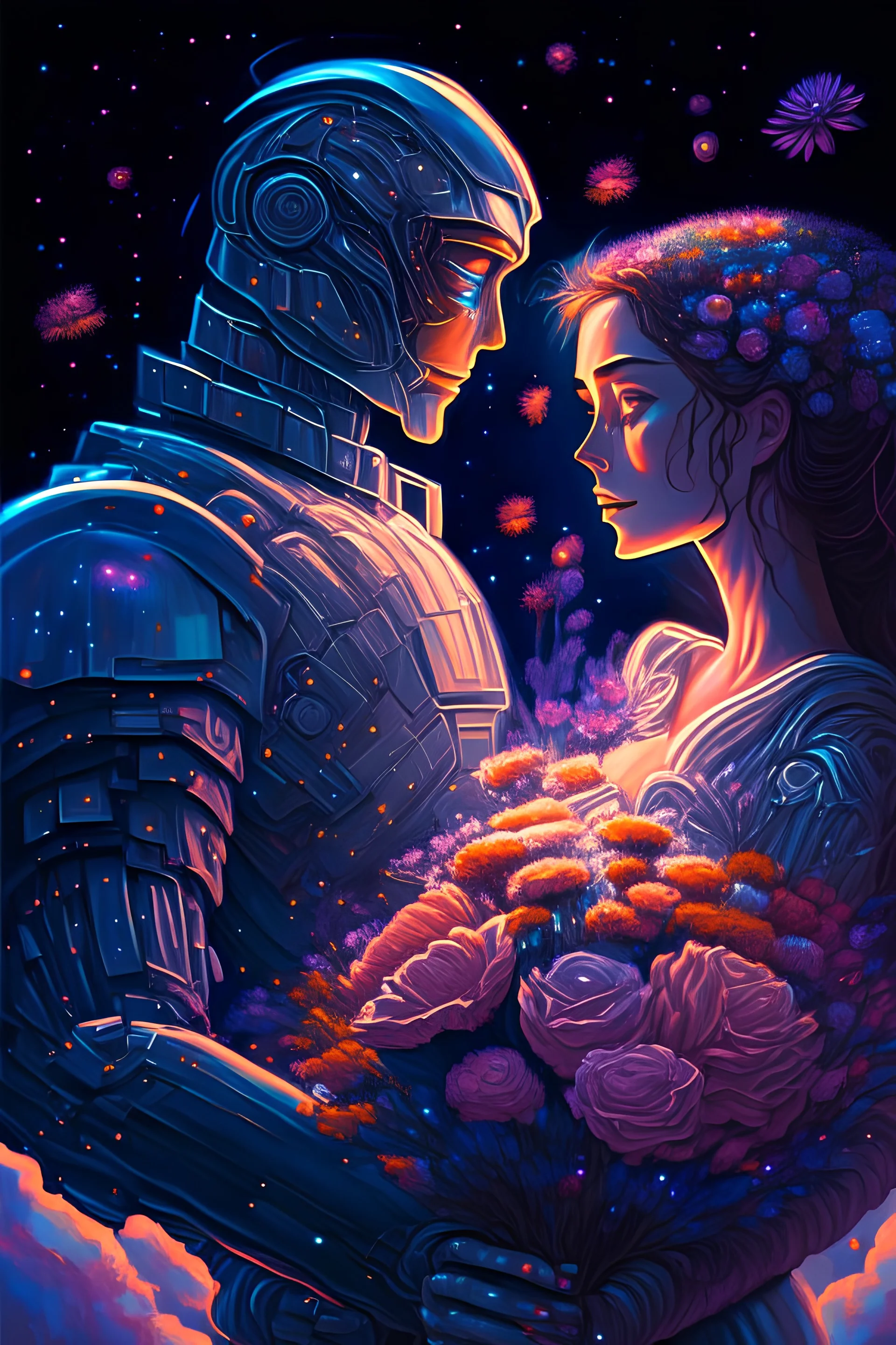 an android man gives a bouquet of flowers to a beautiful human woman, in 90's anime style, an android man in love and a human woman, extremely detailed painting, lots of stars, space, beautiful glowing, centered, symmetry, painted, intricate, volumetric lighting, beautiful, sharp focus, ultra detailed, in the style of dan mumford and marc simonetti, astrophotography, 8k resolution