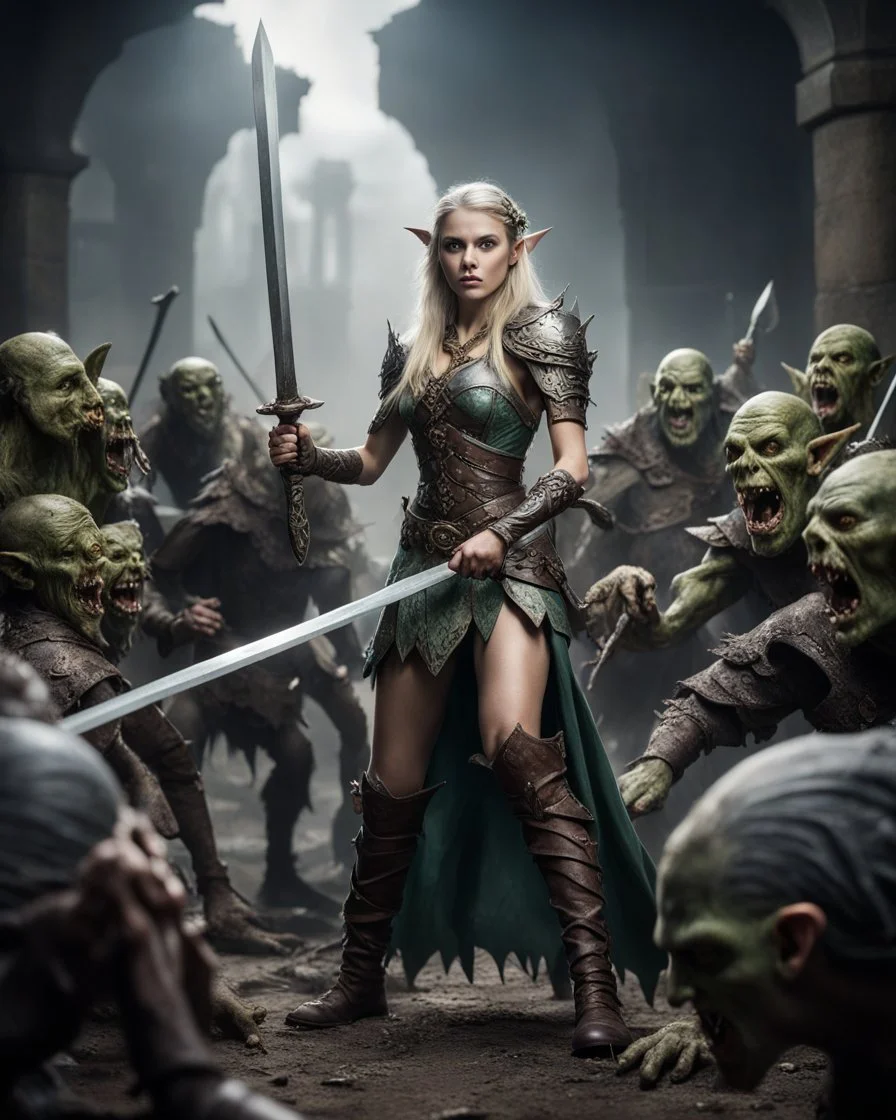 Length image full body photography Profesional Photoshoot Elf princess on dramatic standing action holding sword engraving sorrounded by orcs zombies troops