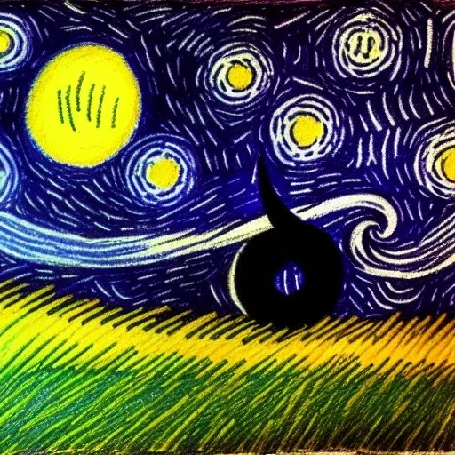 dibujo de una campo de noche con la luna y muchas estrellas con el estilo de Vincent van Gogh