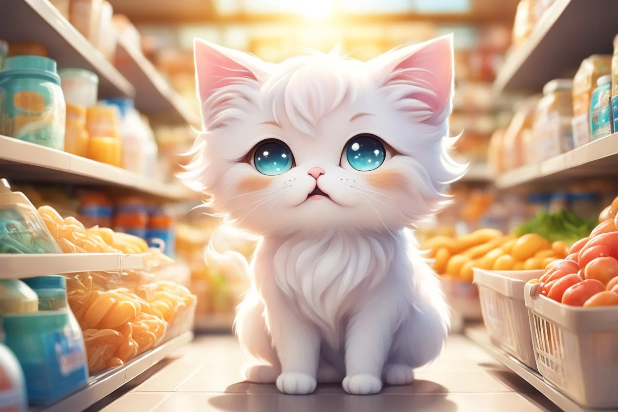 cute anime chibi cat in the grocery shop in sunshine Weight:1 heavenly sunshine beams divine bright soft focus holy in the clouds Weight:0.9