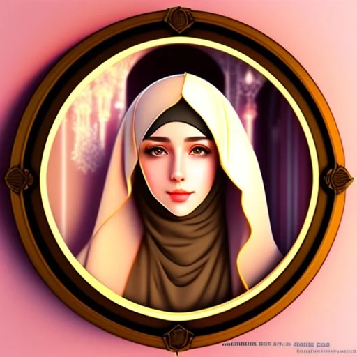 3d anime Only the face Muslim Pretty impressive women inside a circular frame,Portrait image,professional look