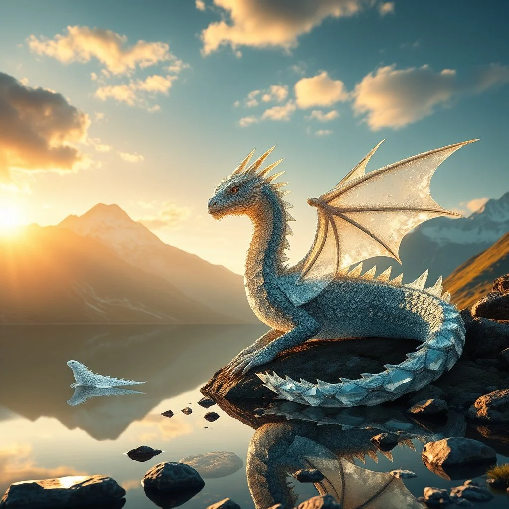 Award-winning Ultra-realistic fantasy wildlife photography of a majestic crystal dragon resting beside a pristine alpine lake, breathtaking gemstone scales reflecting dramatic sunrise light, extraordinary realism, captured as if photographed in the wild by a National Geographic photographer, cinematic atmosphere, ultra detailed, masterpiece,, 64k