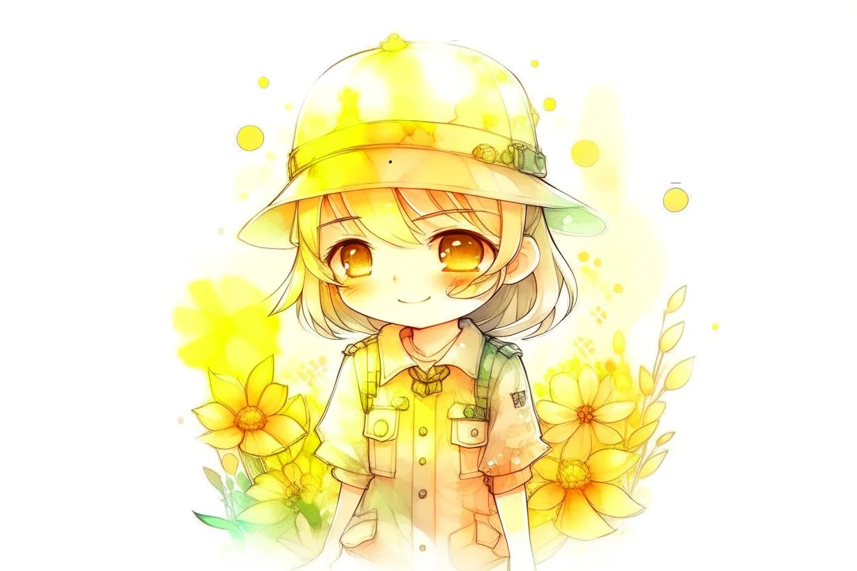 double exposure, flower shop, cute chibi salesgirl in flower uniform in sunshine, watercolor and black ink outlines, sparkling golden glitter, ethereal, cinematic postprocessing, bokeh, dof