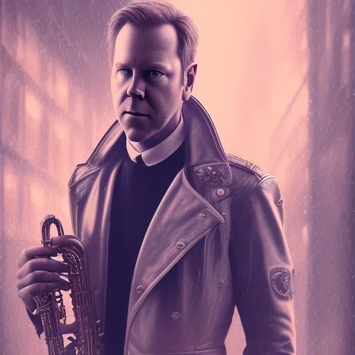 portrait of sebastian vettel kiefer sutherland playing saxophone, blade runner, low key lighting, volumetric light, digital art, highly detailed, fine detail, intricate, ornate, complex, octane render, unreal engine, photorealistic