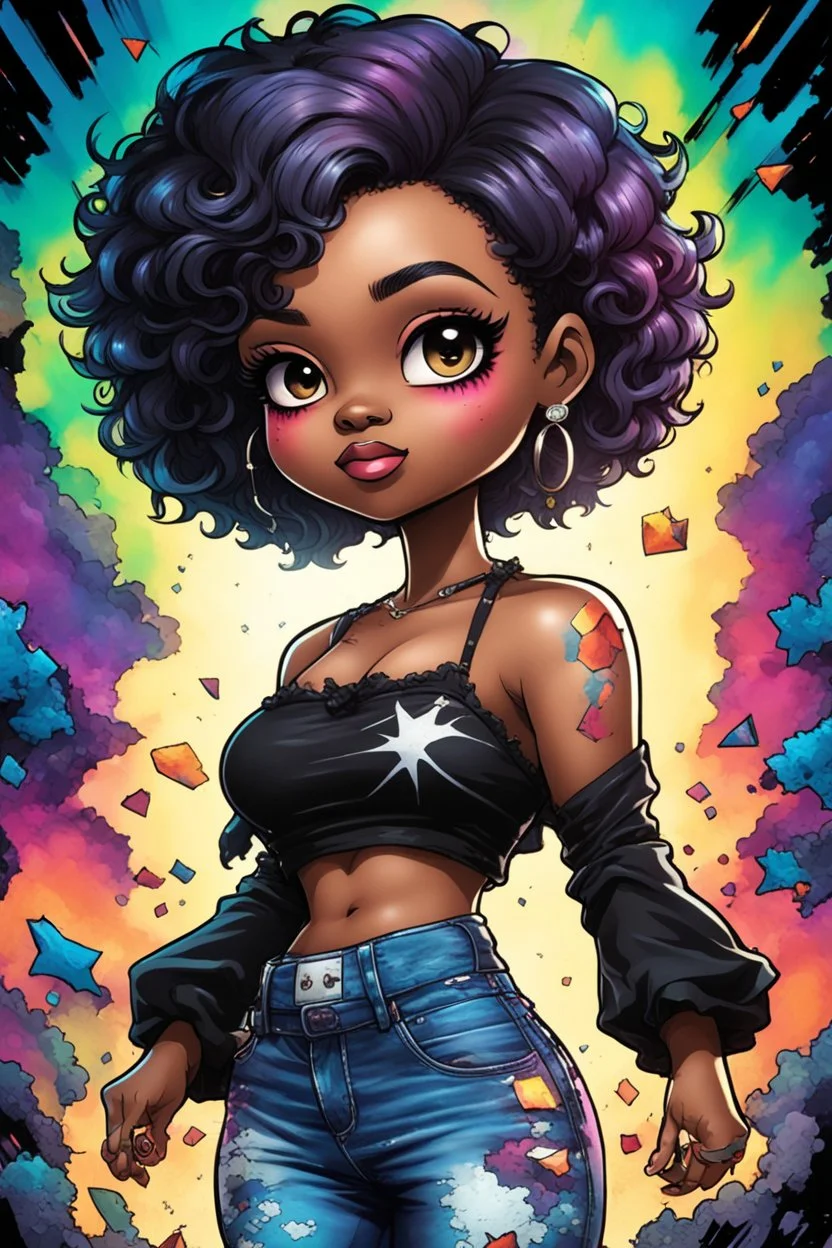 vibrant psychedelic comic book image, airbrush, 48k, cartoon art of a chibi curvy black female wearing torn jeans pants and a black tie dye off the shoulder blouse. Prominent make up with lush lashes. Highly detailed short pixie cut