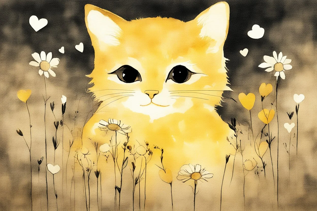 good night picture in ochre, double exposure, merged layers, burned burlap, cute chibi anime cat, beautiful surrealistic composition, melting watercolor and black ink on wet paper in sunshine, flowers, heart and love, ethereal, cinematic postprocessing