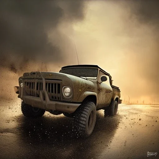 very very very hyperrealistic shot, military pickup truck, heavy guns firing on back, monotone color palette, sharp focus, puddle reflection, tire water splash, refraction, mist on the horizon, shadowcast, god rays, very very very very detailed and intricate, cinematic composition, macro, tilt shift photography