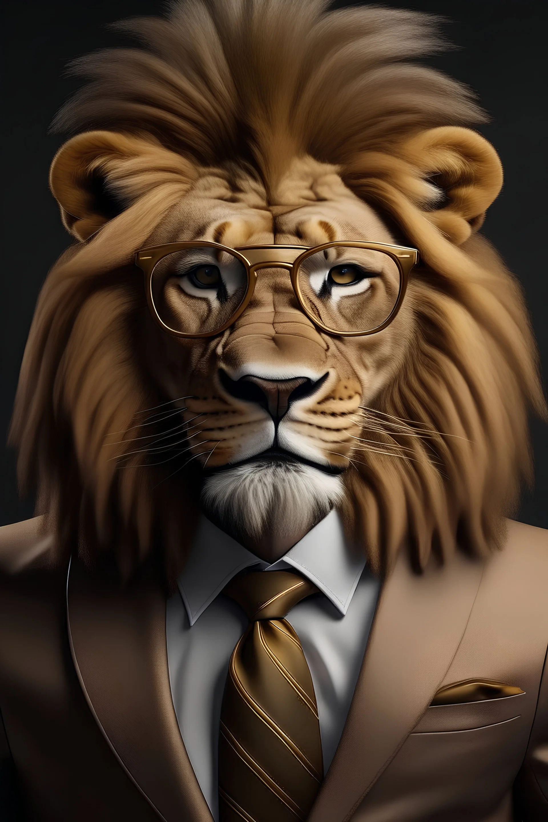 A lion wearing a suit, pants and gold glasses