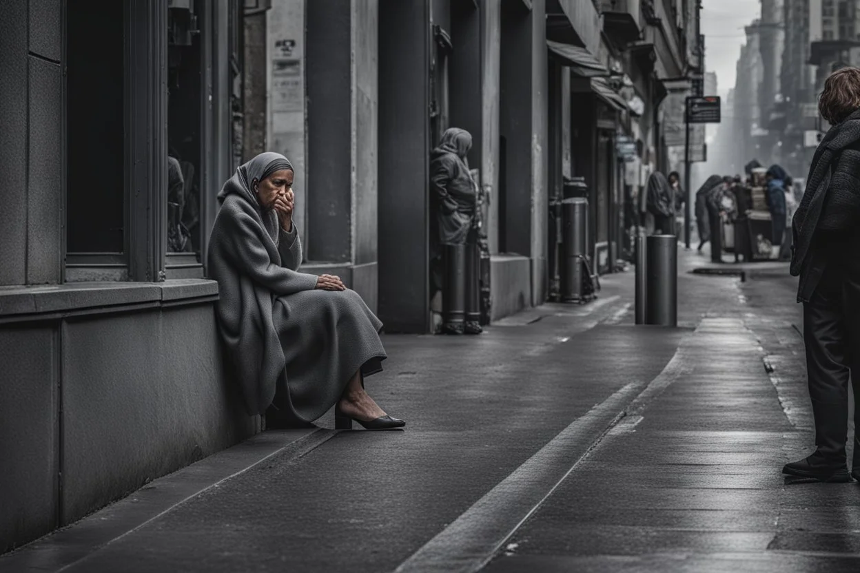 a woman sits with a sad face on the sidewalk on the street and cries, people pass by her, a gray crowd of passers-by comes and goes, human backs rush to work, no one looks at the crying woman, dark colors and shades of gray, depressing, sad, depressed moody picture, everything is grey