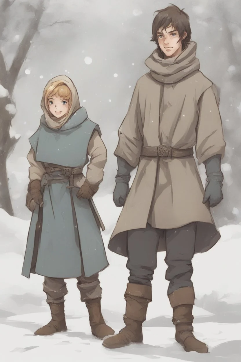 DnD style, two medieval peasant kids playing in the snow, female age 14 and male age 15, happy and playful, he has a short sword. Coats and pants