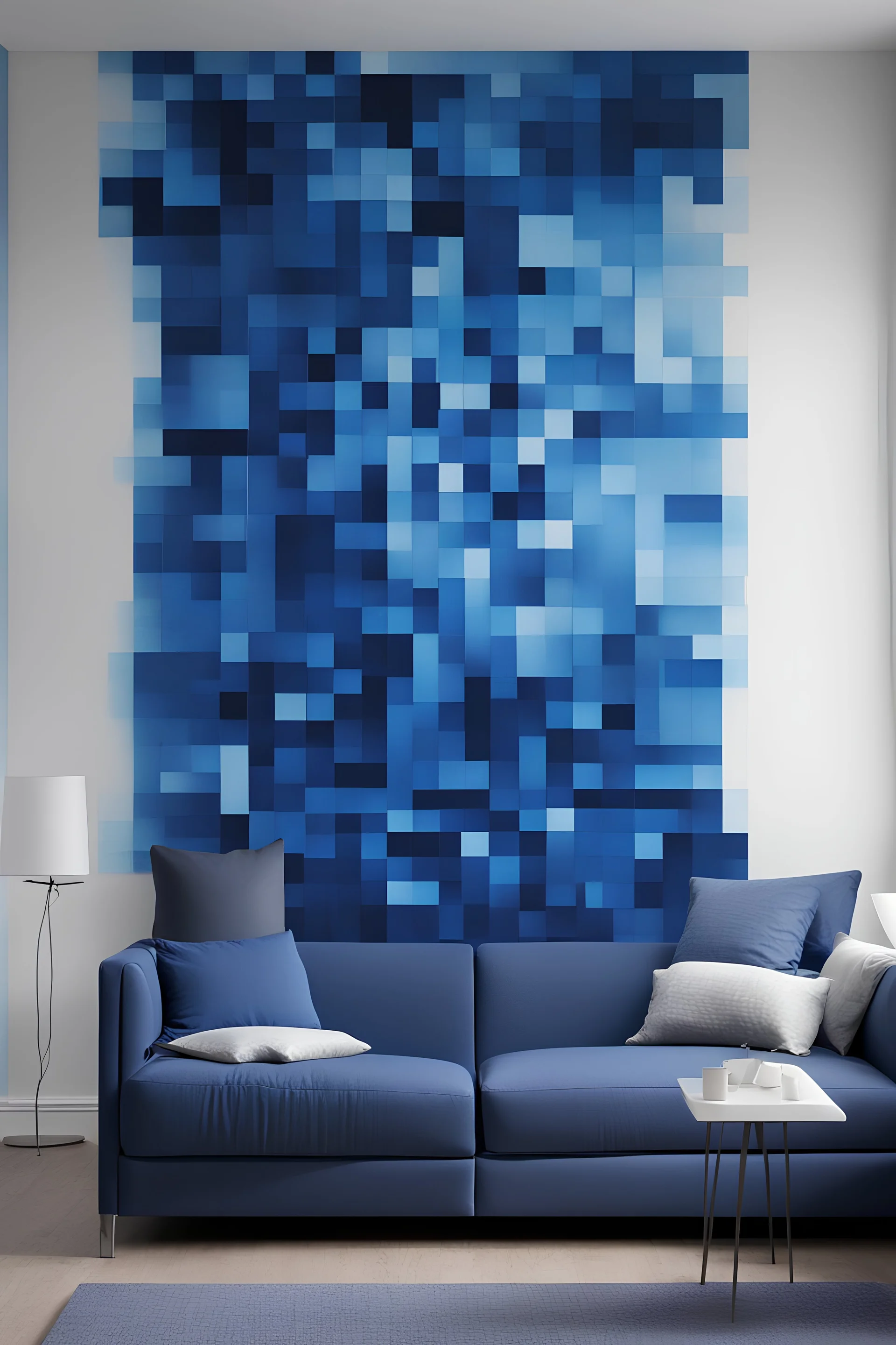 Create a handpainted WALL mural using pixelated squares, gradually transitioning from one color to another. This could be a gradient of blues, from deep navy to sky blue, creating a mesmerizing pixelated effect. Color Palette: Deep navy, royal blue, azure, sky blue.