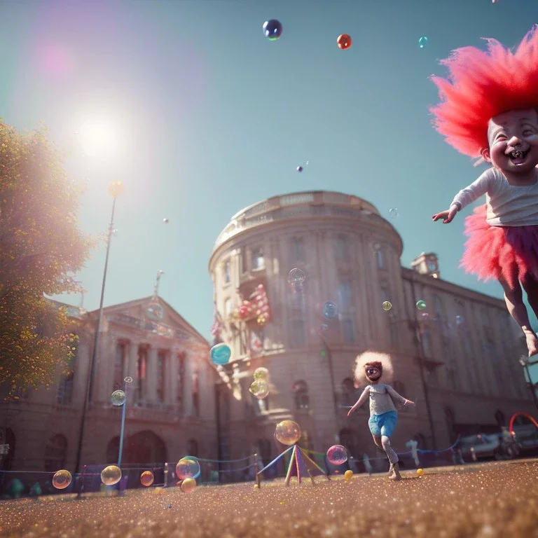 Ultra realistic circus scene. Sweet big hair monster flying. Child’s playing, strong man, smile, happy, color bubbles, smooth color, waist up view, Wes Anderson style, dark ambient, highly detailed, concept art, unreal engine 5, god rays, ray tracing, RTX, lumen lighting, ultra detail, volumetric lighting, 3d, finely drawn, high definition, high resolution.