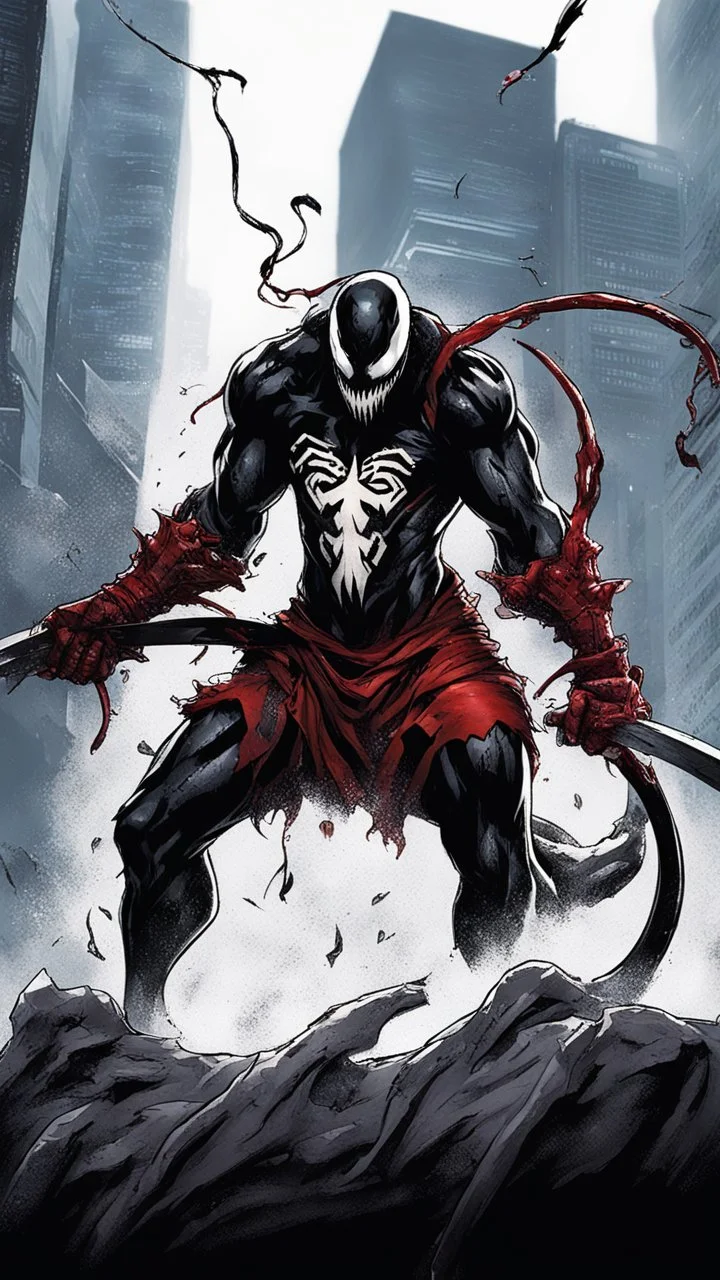 A close picture of Venom symbiote with kratos red tattoos and Clothes, holding blade of choice