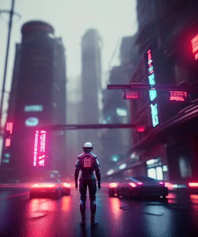 circular white moon, 3D, beautiful, light reflecting, empty city, midnight, rainy night, neon, cyberpunk, person with helmet walking