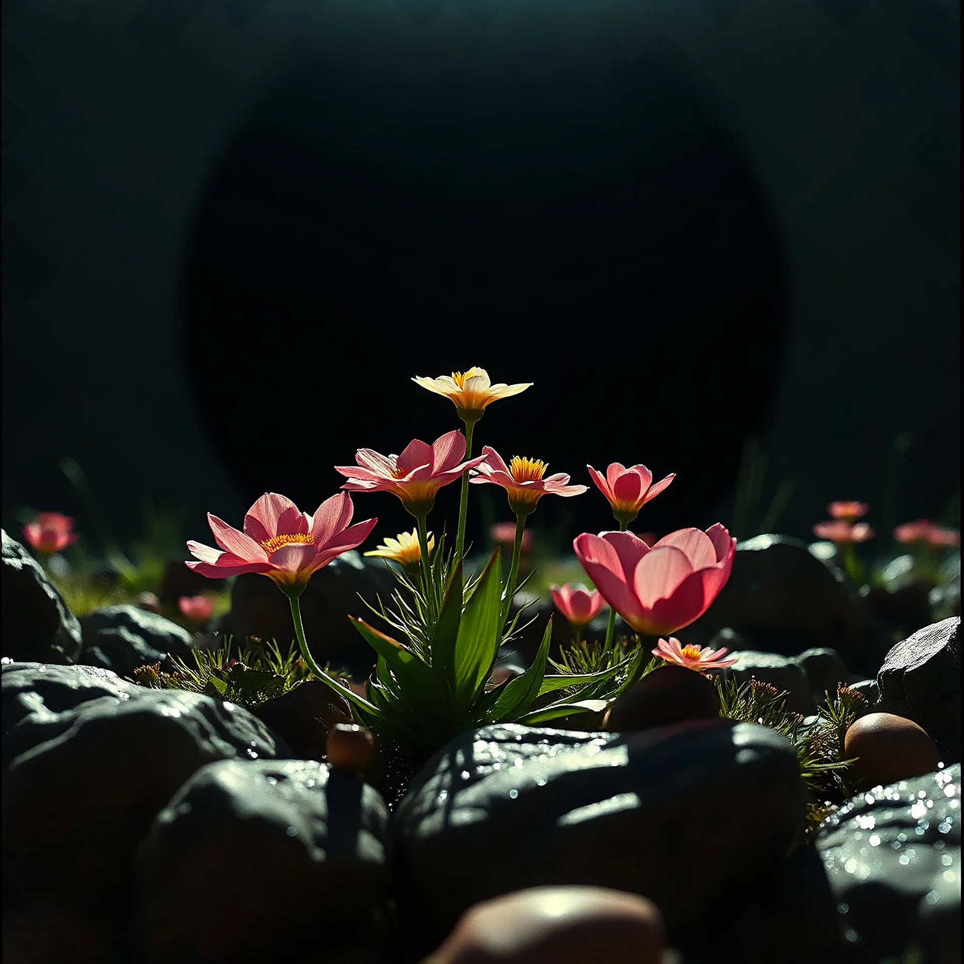 A striking photograph close-up captures a hyperrealistic odd land with group of plants and glossy material, adorned with rocks. Kodak Ektachrome film. Magnificent flowers. Henri Rousseau. Volumetric light. Bathed in intense light, eerie, giant black sun, 8k, deep 3d field, odd flowers, rock formations, strong texture, extreme detail, rich moody colors, sparkles, 33mm photography, details of the flowers and rocks very accentuated