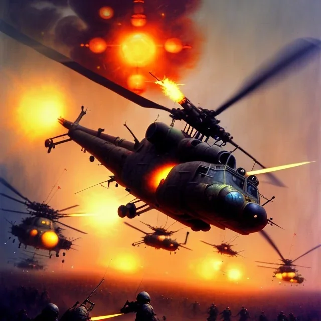 vietnam war. war report. one helicopter. bokeh. lens flare. warm lights. high detailed. beksinski