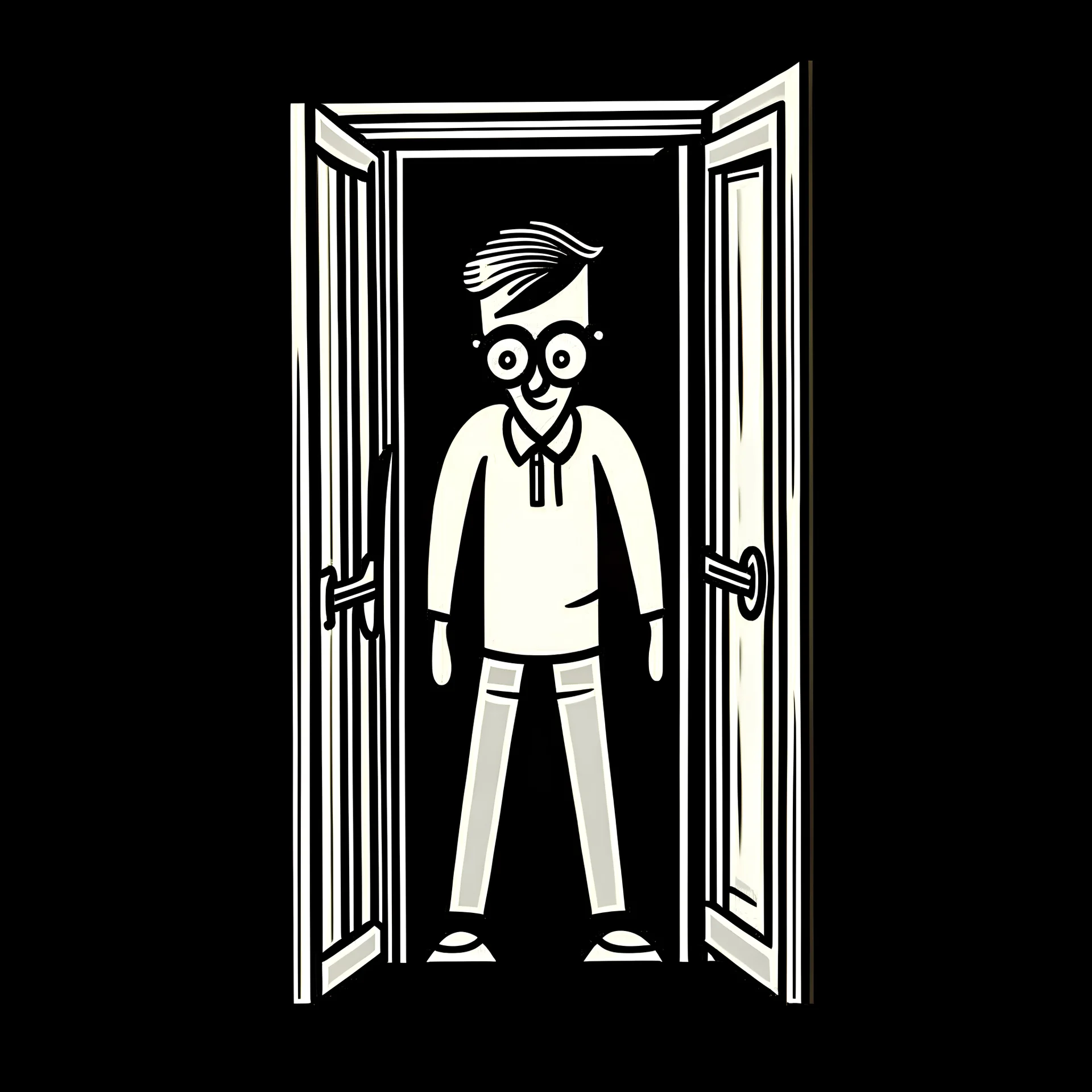 nerd in a closet, half peeking out, stick figure