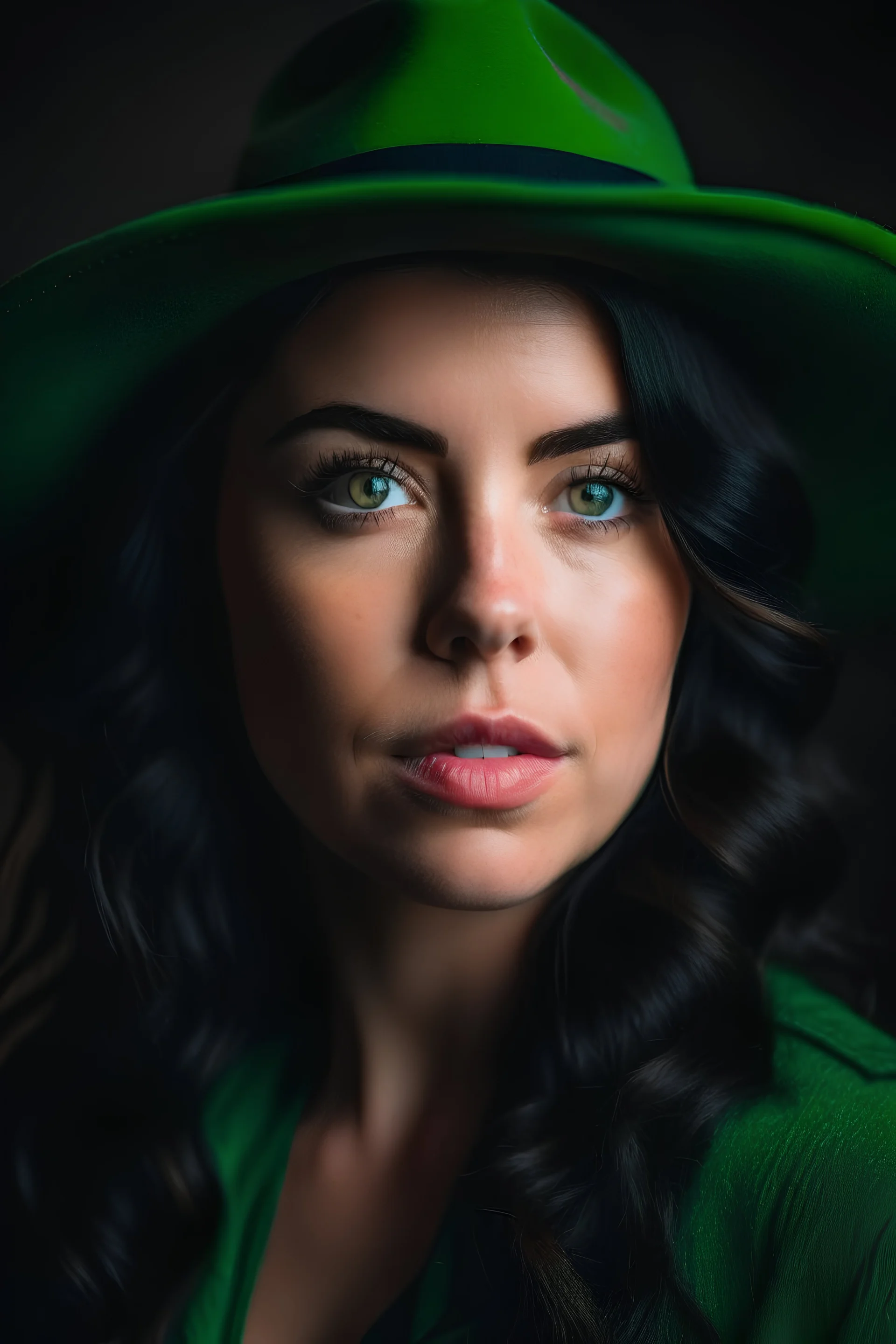 a western woman with black hair, green eyes, eye bags, dressed in western clothes with a hat