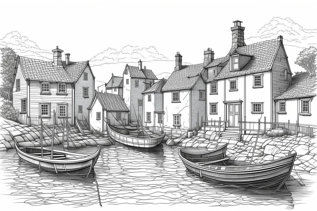 English fishing village hb pencil line art minimalist
