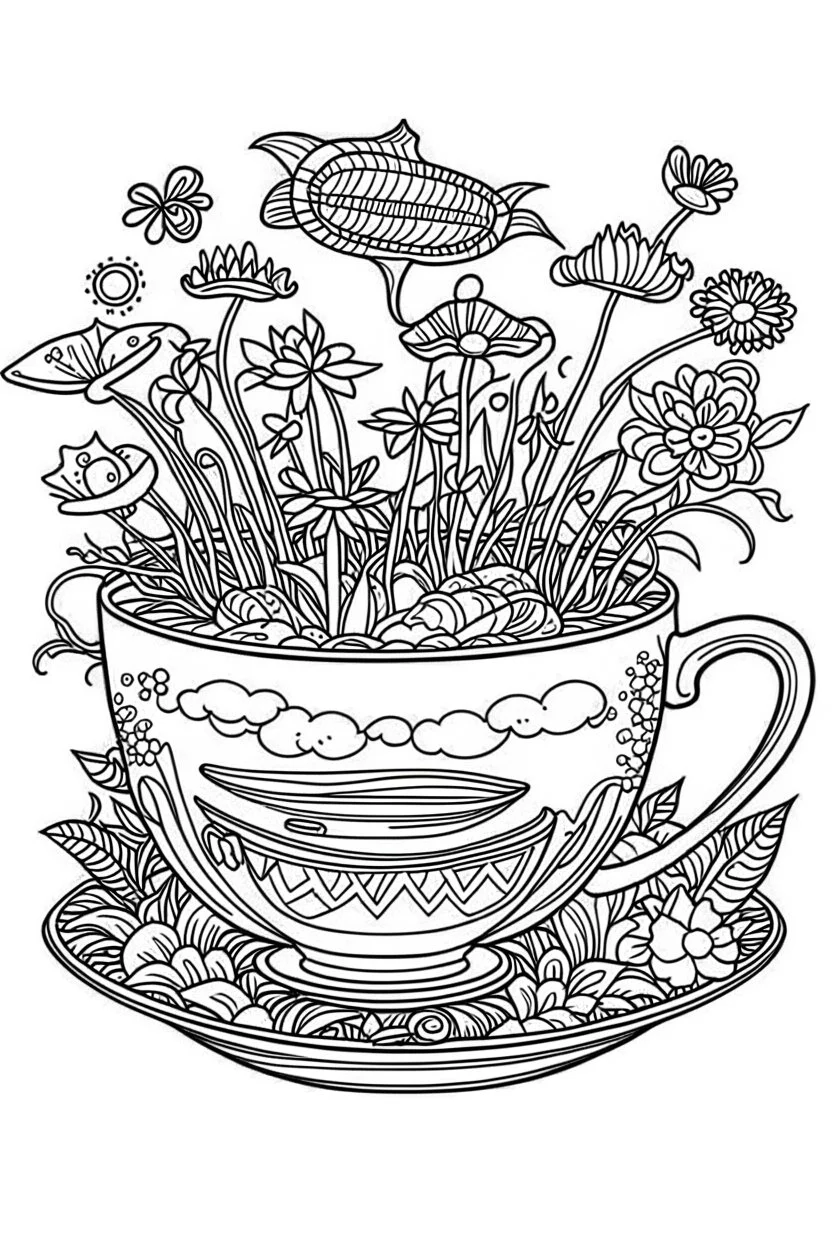 Outline art for coloring page, TEACUP SET IN CLEAR SKY, coloring page, white background, Sketch style, only use outline, clean line art, white background, no shadows, no shading, no color, clear