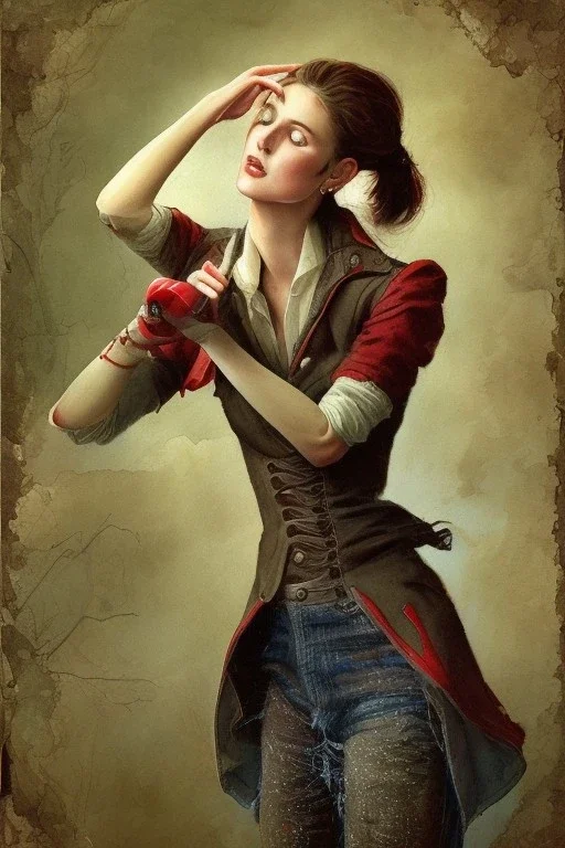 Woman repairing a red jacket, watercolour.