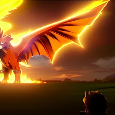 one fire and dragon type Pokemon, huge, kind, yellow in color scheme, fully visible, breathing fire, Ken Sugimori, Pokemon