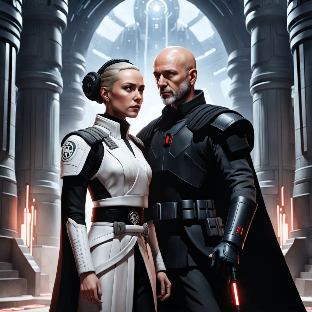 a bold and heroic bald male Corellian pilot in black and metallic grey First Order special forces gear meets a female Jedi Master in ancient, mystical temple, hyperdetailed, dynamic lighting, hyperdetailed background, 8k resolution, volumetric lighting, light skin, fully symmetric details