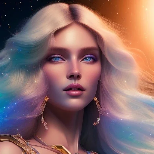  full body white goddess woman glitter smiling long blond hair blue eyes in a galactic ambiance, delicate colors in the foreground, full of details, smooth, light effect，vaporwave colorful, smooth, extremely sharp detail, finely tuned detail, ultra high definition, 8 k, ultra sharp focus