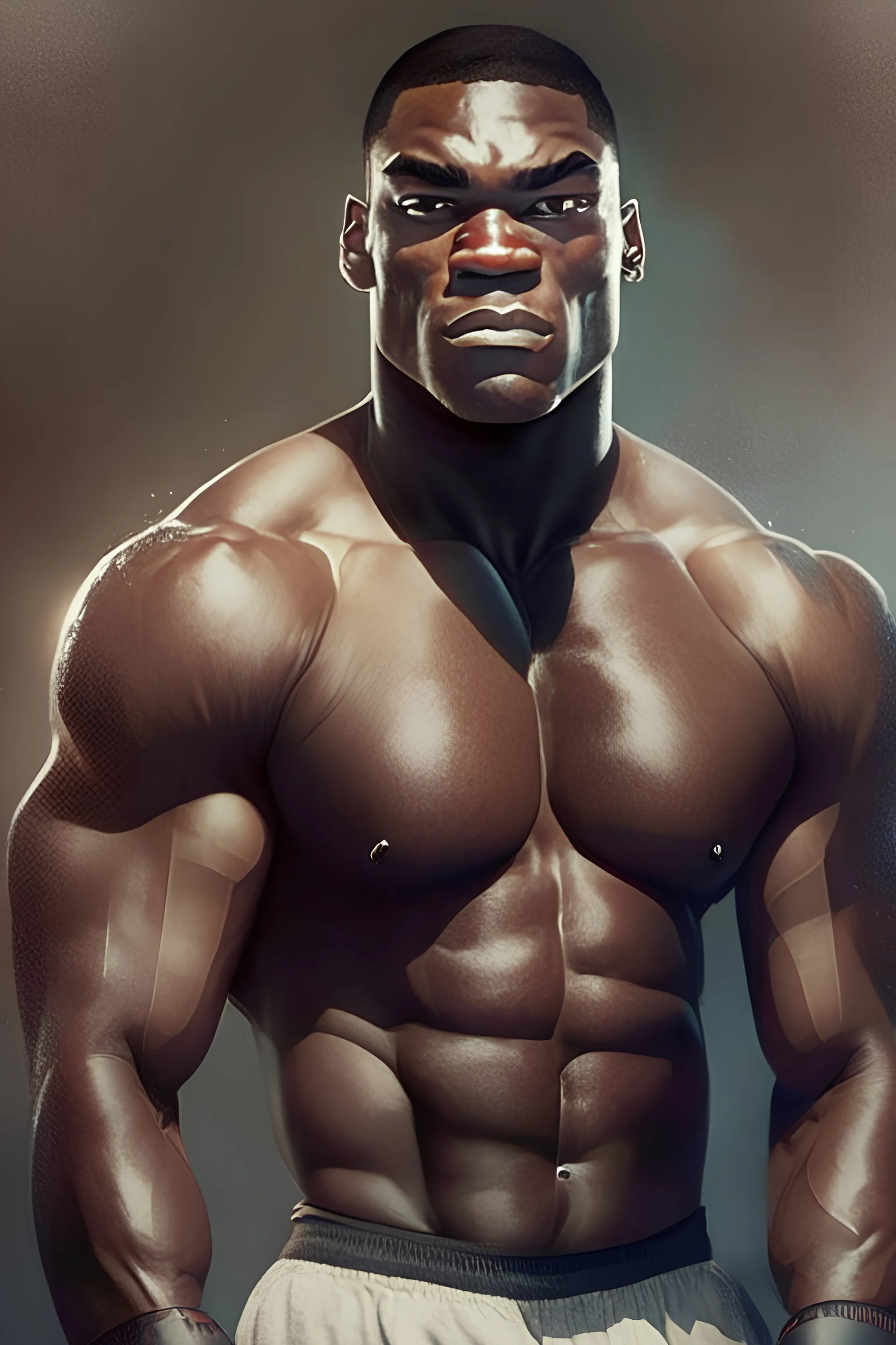 A big, muscular man with dark skin and a...