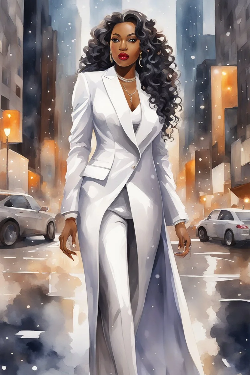 Create a watercolor image of a curvy African American female wearing a white business suit with white heels. Prominent make up with hazel eyes. Highly detailed very long extremely curly black hair. She is wearing silver and diamond Jewely that shines of the lights. Her skin is smooth and silky. Background of a busy city street