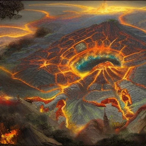 Ancient city in volcano hyper detailed, fe,fantasy art