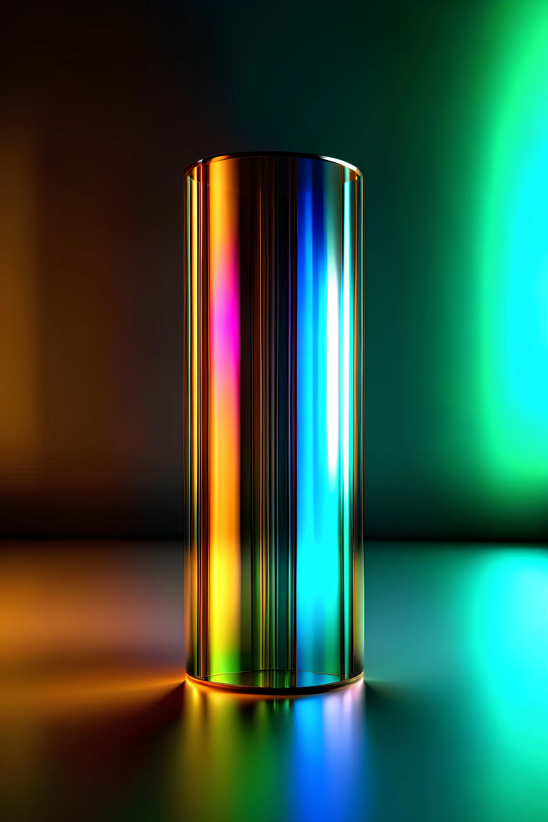 Abstract rendering of an iridescent glass cylinder floating of space