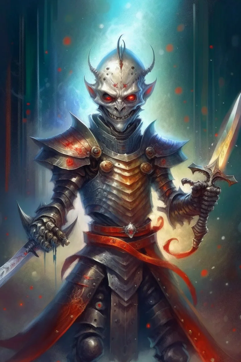 book illustration, oil painting portrait of slightly knightly smirking robot vampire holding magical throwing knife, bokeh , high detail, smooth render, prize winning