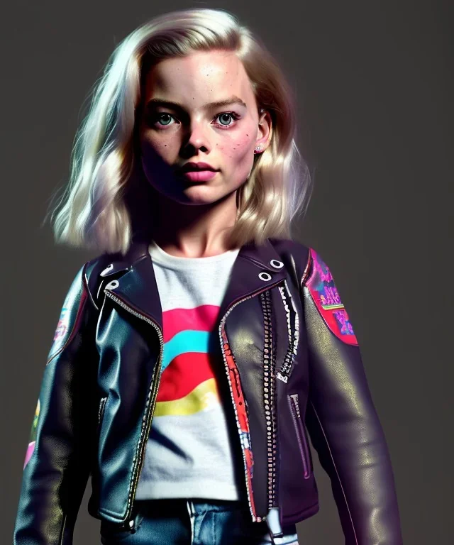 Margot Robbie toddler, full body, sneaker, leather jacket, floral shirt, soft skin, dramatic lighting, hyper realistic