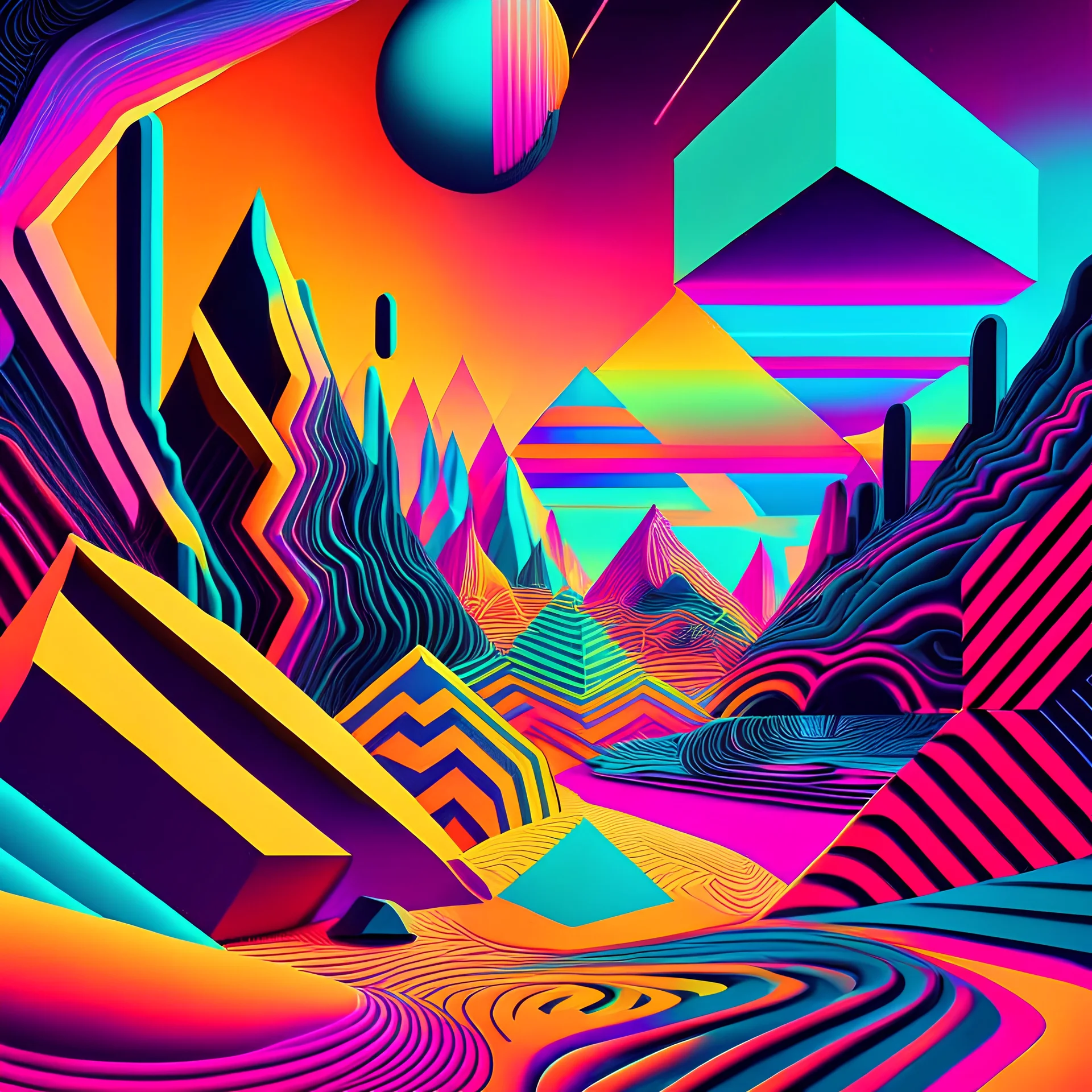psychedelic landscape with geometrical patterns and neon colors