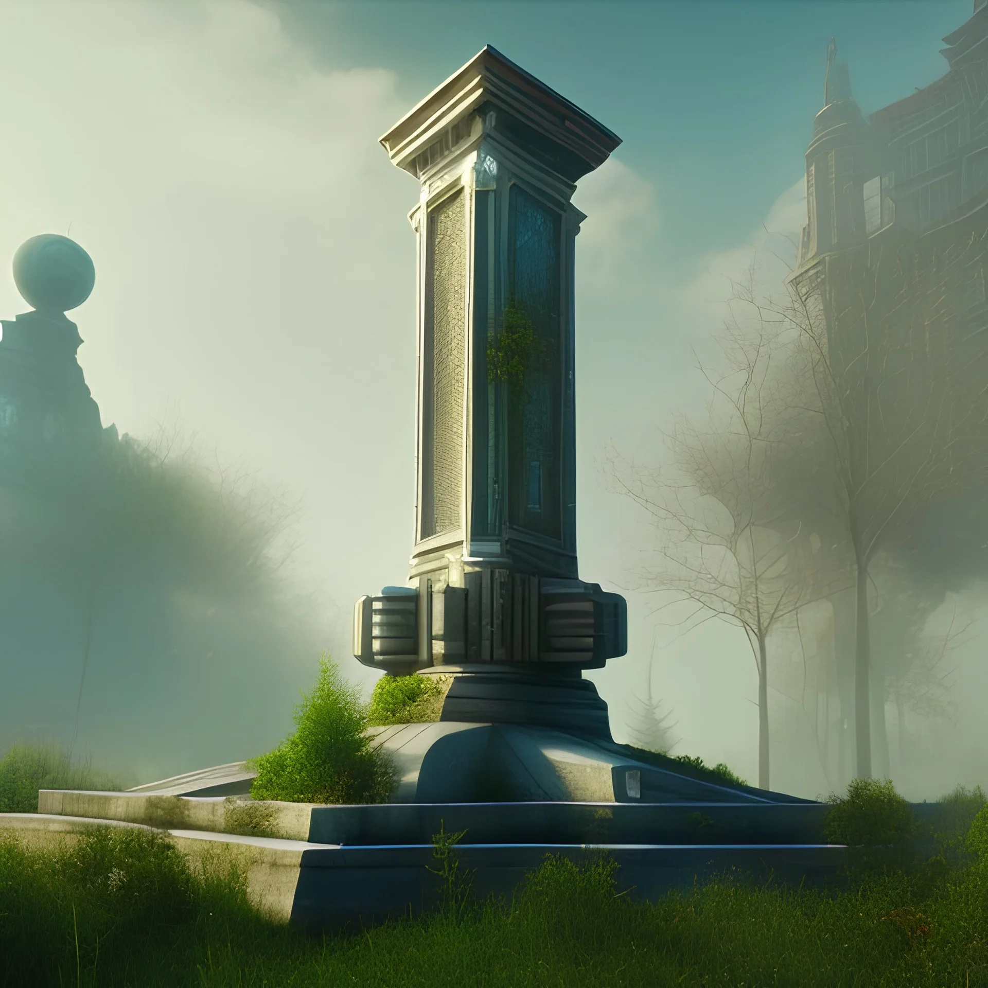 Monument, abandoned city centre, statue of human on top, look from distance, buildings visible whole statue, overgrown statue and monument, realistic, highly detailed