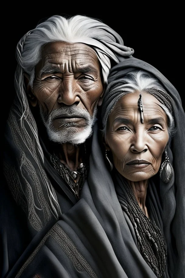 a photo of an Berber man and woman with ethnic jewelry, grey hair and grey flowing robe, in style of Annie Leibovitz, contemporary portrait of a mature yet beautiful and modernist, black and grey, detailed face, swirling fluid smokey enigma, award-winning artwork