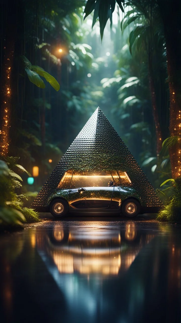 a car shaped like a pyramid in dark lit reflective wet jungle metallic hall dome hotel tunnel, in the style of a game,bokeh like f/0.8, tilt-shift lens 8k, high detail, smooth render, down-light, unreal engine, prize winning