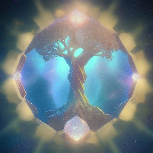 hedjuk,Tree of Life, crystal city crystalline in the sky, renderin, room, cosmic, opalescent, 100mm, opalescent, gemstones, crystals, object, other worldly,water, cristal rock ,bright, ice backg