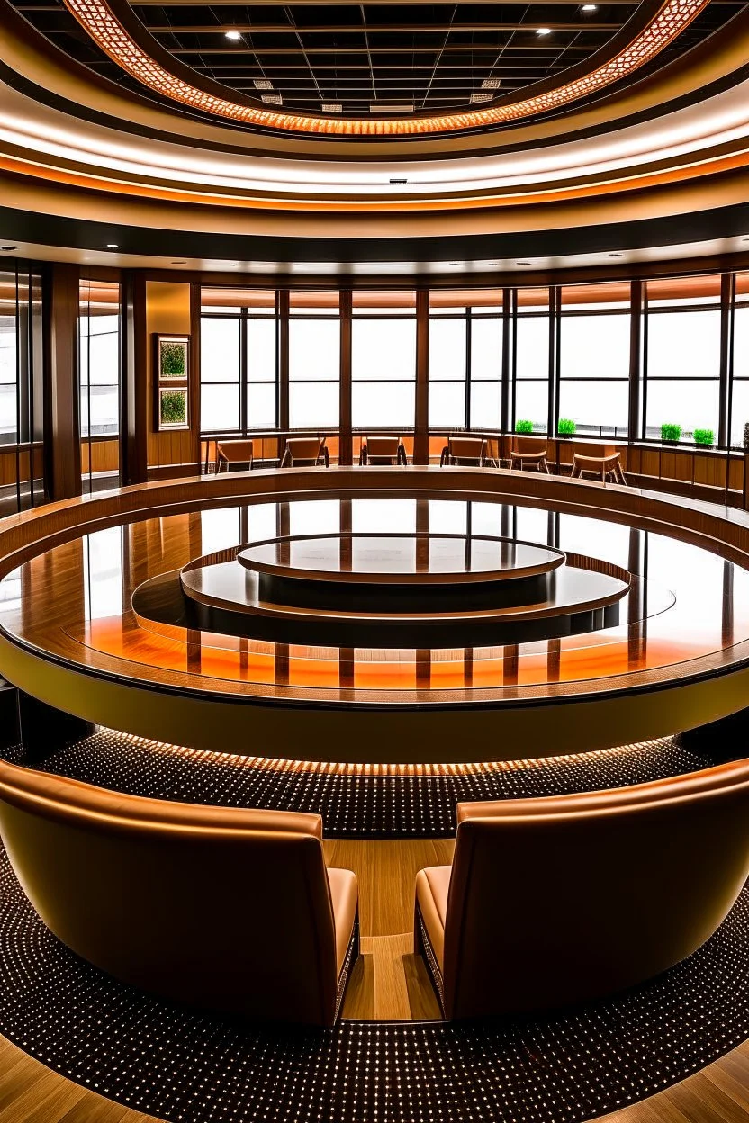 An oval-shaped restaurant consisting of one large table. In the middle of the table there is a place to prepare the food and serve it directly to the visitors