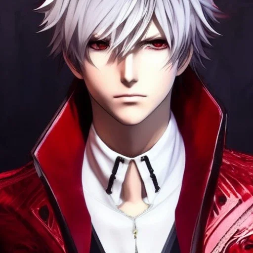 Detailed anime boy, crimson red hair, long classic taper hairstyle, dante dmc5 hairstyle, wolf ears protruding out, white trench coat, intricate details, full body portrait, keep head in frame, slight smile, black Japanese motif, concept art, highly detailed, digital painting, concept art, sharp focus, illustration, art by Yoji Shinkawa, WLOP and greg rutkowski and alphonse mucha and artgerm and yanjun Chen and Junji ito and Makoto Shinkai, HDR, octane render, highly detailed