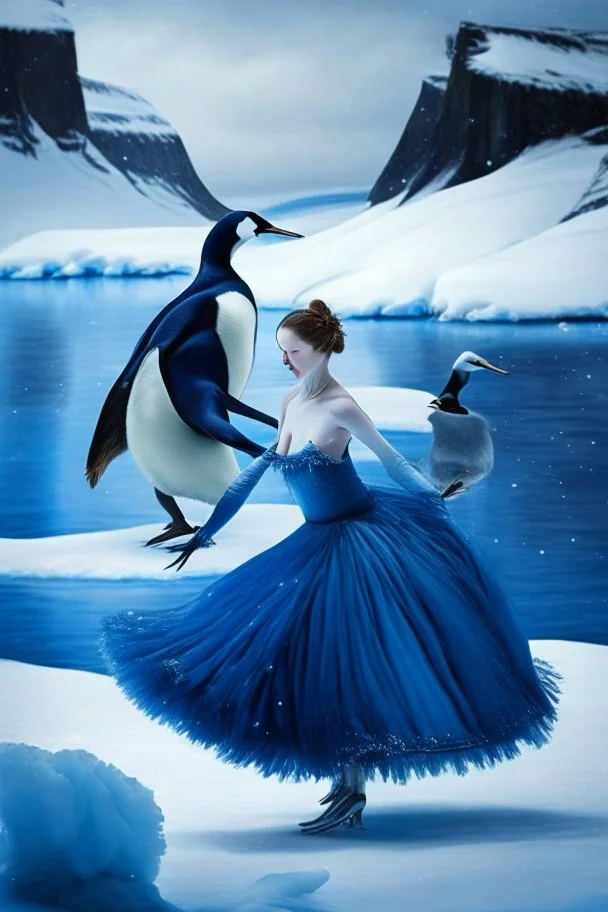 Cinderella in her blue dress dancing in Antarctica with a penguin in the snow