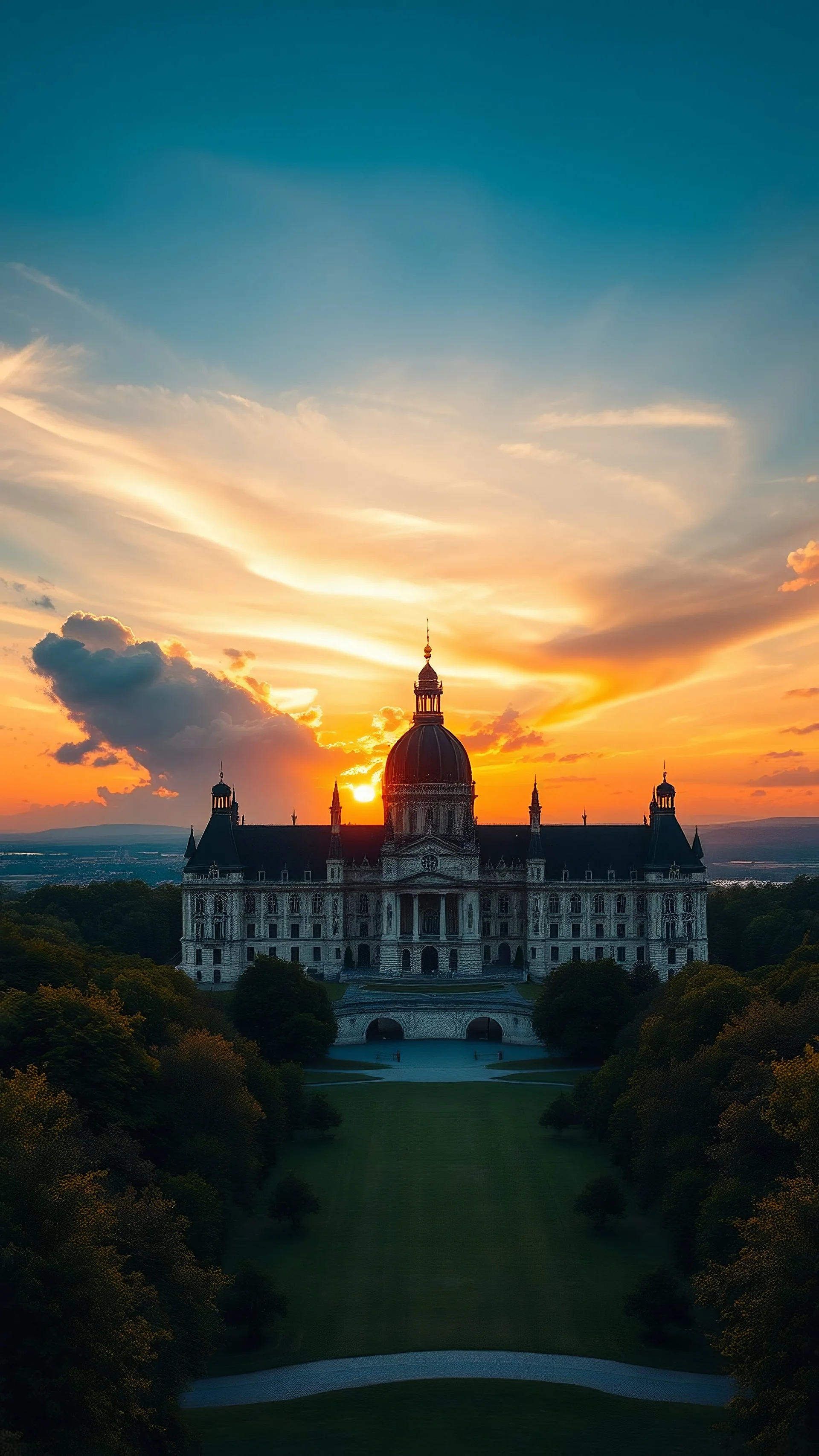 A breathtaking view of a majestic castle set against a dramatic sunset, representing the grandeur of the era of Louis XIV.