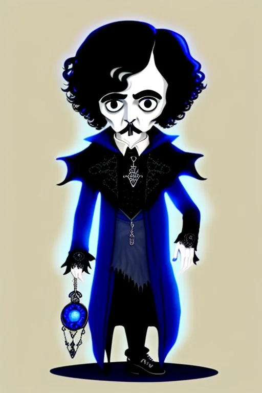 black haired blue-eyed young man necromancer goth gnome that looks like Edgar Alan Poe with gothic jewelry, in the style of Charles Addams