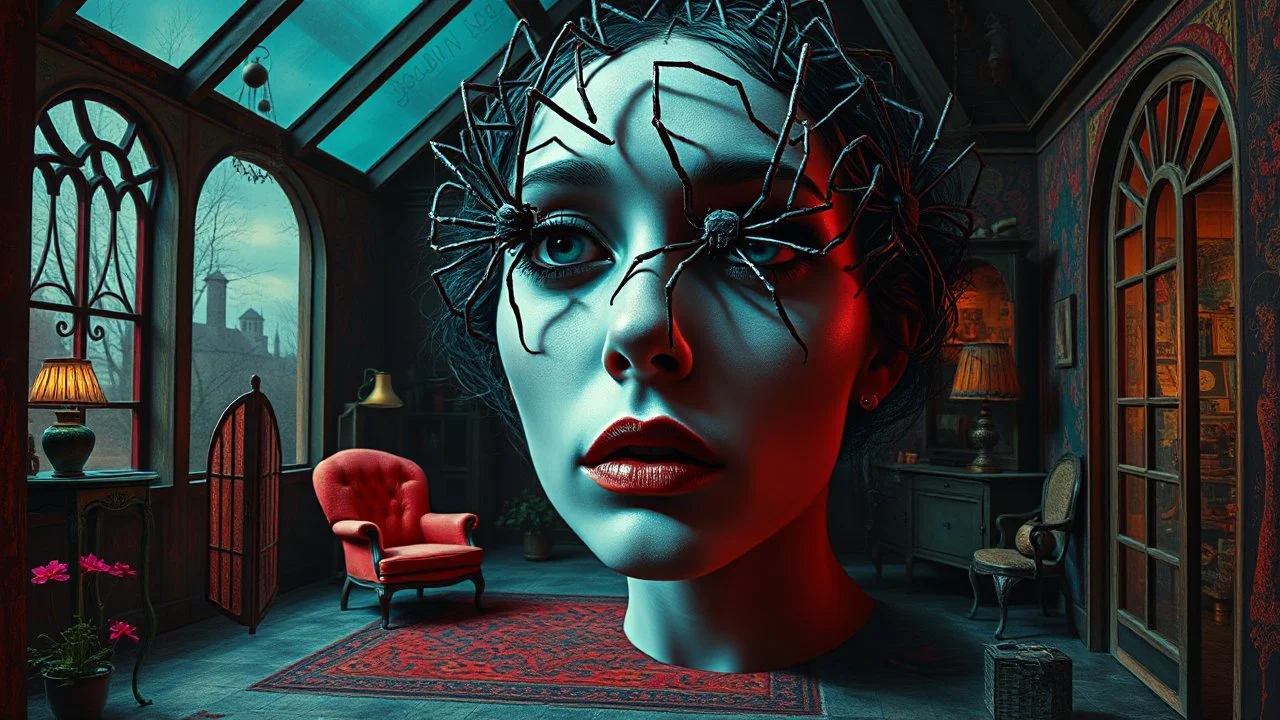 Surreais Zdzisław Beksiński, Dan Mumford style, three dimensional digital art, colorful art, eerie, horror-inspired gothic sierpinski spiders climbing on a woman's face open section house old bauhauart psyxhsdelic art background. the scene's macabre and dramatic feel. and psychedelic